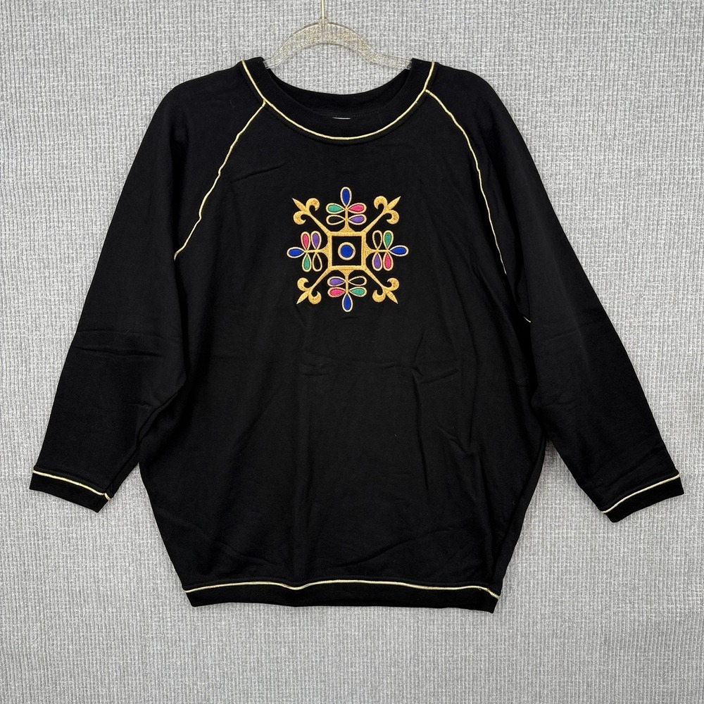 Imagnin Sweater Womens Large Black Embroidered Pullover Multicolor Gold Trim 90s